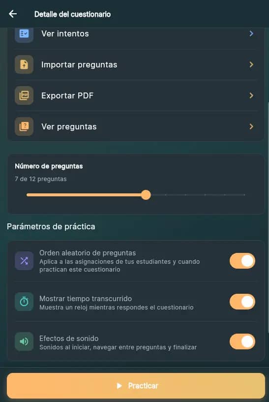 Detalle de un cuestionario con parámetros de práctica y botón para practicar.