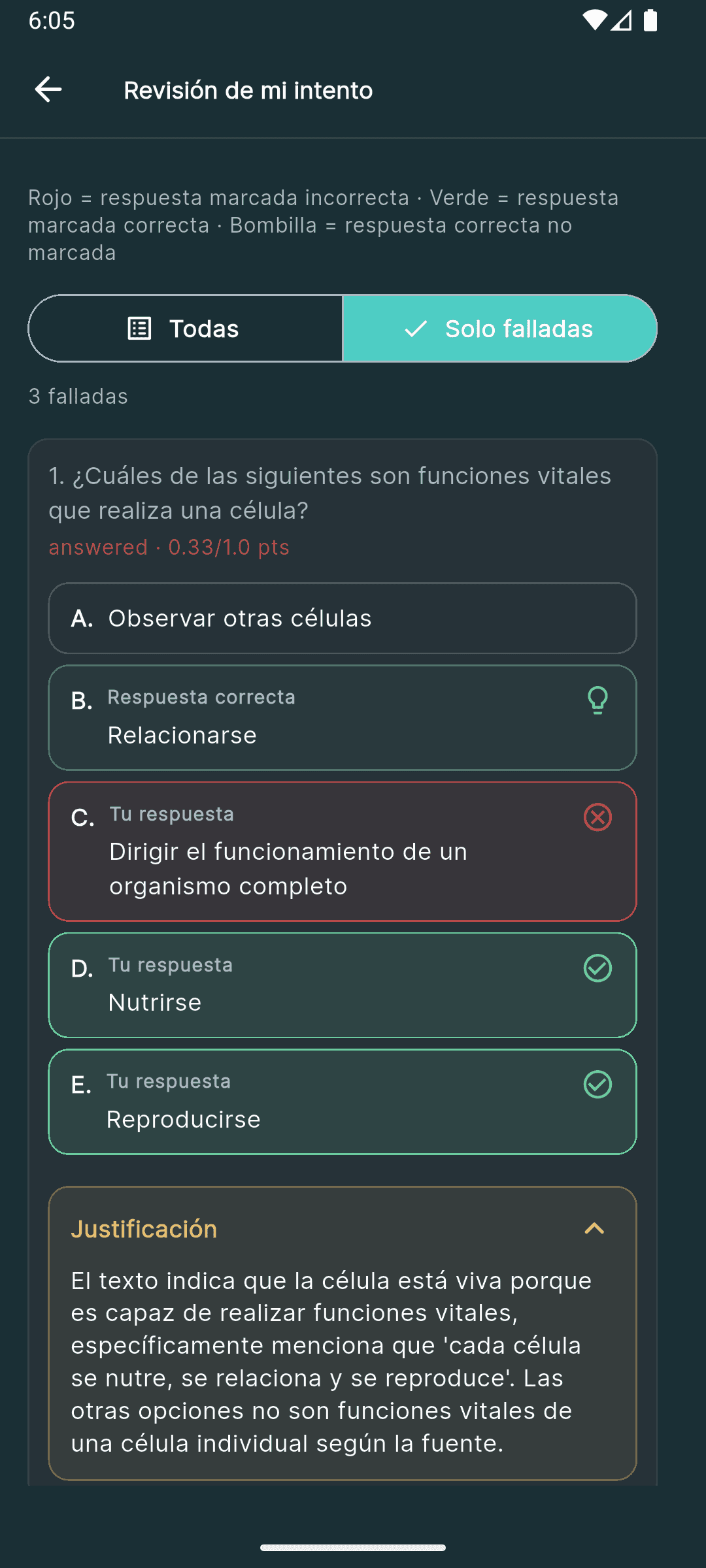 Revisión de un intento de ciencias, con la respuesta correcta, la marcada y la justificación.