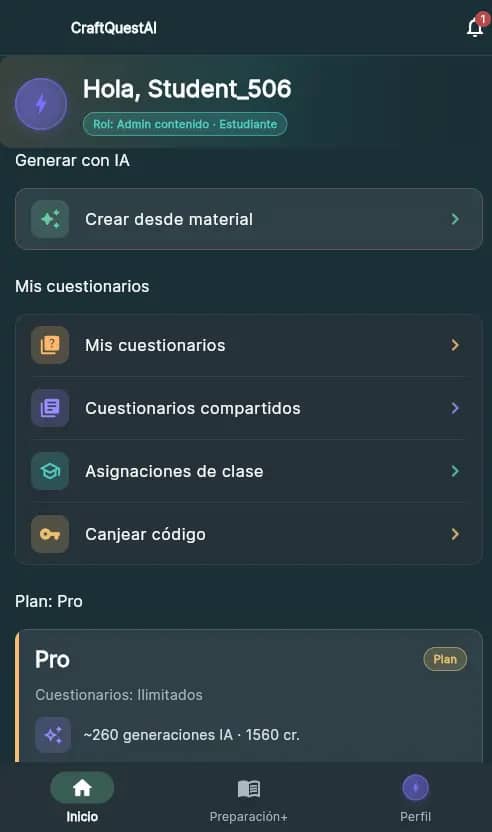 Inicio de CraftQuestAI: generar con IA desde material, mis cuestionarios y plan.