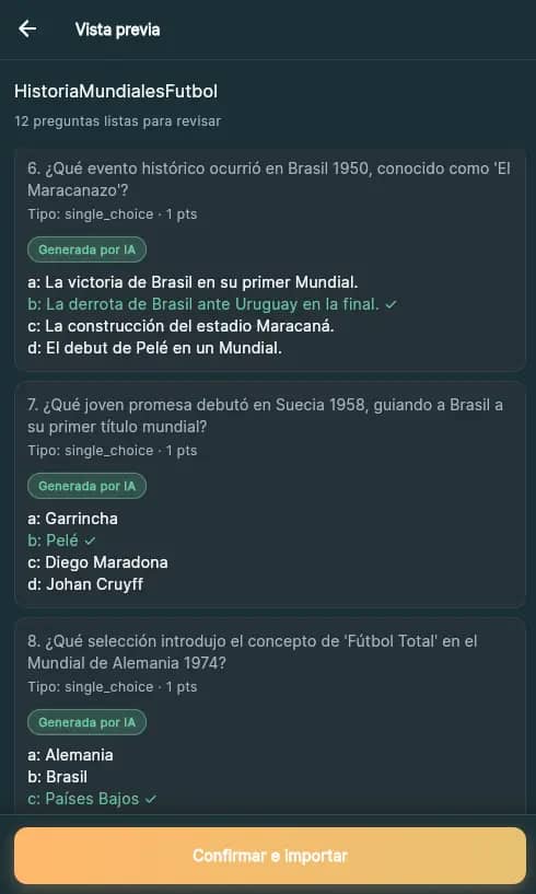 Preview of AI-generated questions ready to import.