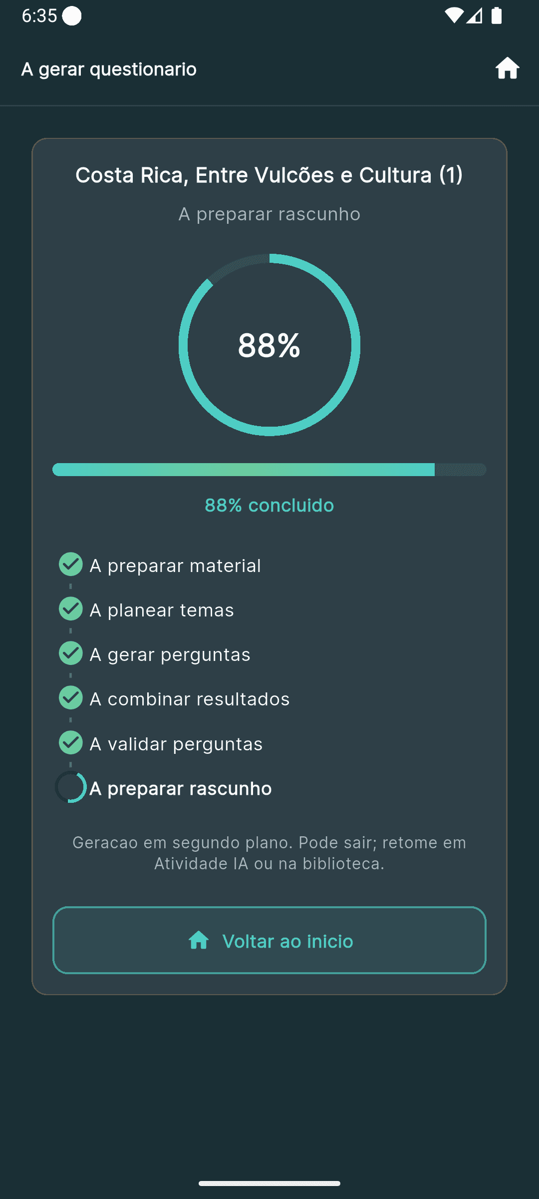 Geração de um questionário a partir do material, em progresso.